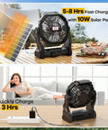 30000mAh Solar Powered Fan With LED Lantern And 10W Panel Rechargeable Camping Fan on picnic table and indoor charging