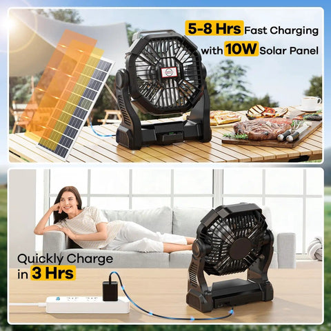 30000mAh Solar Powered Fan With LED Lantern And 10W Panel Rechargeable Camping Fan on picnic table and indoor charging