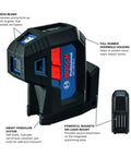 Green Beam Self Leveling Alignment Laser With Plumb And Level Points, 90 Degree And Grade Projection shown with features labeled
