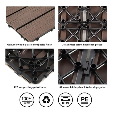 Wood Plastic Composite Patio Deck Tiles Interlocking 12 By 12 Inches Water Resistant For Indoor And Outdoor Use 22 Sq Ft Set With Brazilian Ipe Look No Fuss To Install And Low Maintenance