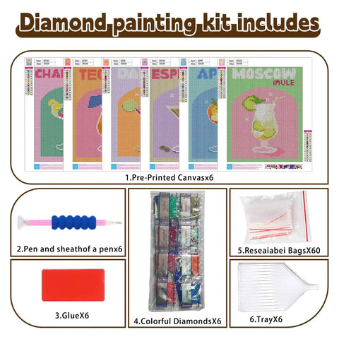 Six Pack Diamond Art Kits For Adults Cocktail Theme 5D Diamond Painting Sets For Beginners DIY Gem Art Kit 10X12 Inch Gift Ready