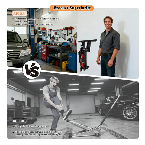 Heavy Duty Steel Floor Jack Holder And Jack Stand Wall Mount Hook Rack In Black Electroplate installed in garage.