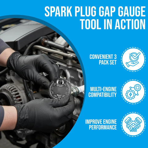 Mechanic using Three Pack Spark Plug Gap Gauge Tool For Mechanics, Accurate Inch And Metric Gap Readouts on engine