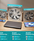Heavy Duty Eight Inch Metal Exhaust Fan Pumpin Five Seven Six Cfm Airflow displayed next to 6-inch and 10-inch fans.