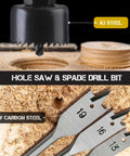 Hi-Spec drill bit set collage: hole saw bit top and carbon-steel spade bits bottom for metal and wood drilling