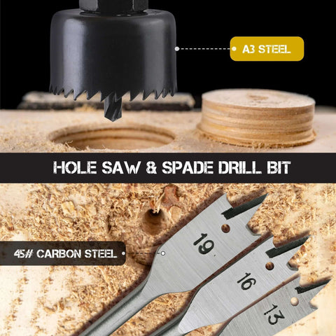 Hi-Spec drill bit set collage: hole saw bit top and carbon-steel spade bits bottom for metal and wood drilling