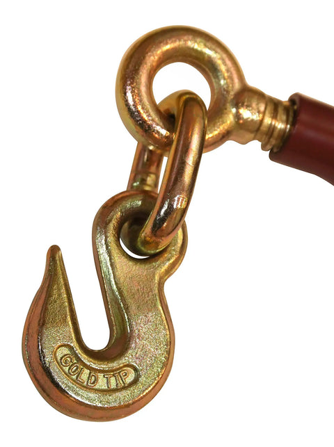 Close-up of gold-tip grab hook on 4 Pack Premium Gold-Tip 1/2 To 5/8 Inch Ratcheting Load Binder with forged handle