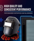 Auto Darkening Welding Lens 2x4 Shade 9 with High Definition Clarity, shown with welding helmet and gloves.