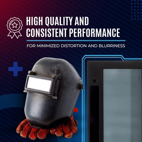 Auto Darkening Welding Lens 2x4 Shade 9 with High Definition Clarity, shown with welding helmet and gloves.