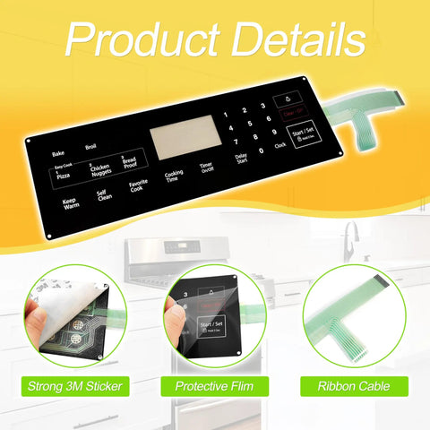DG34-00025A Membrane Switch Touchpad Replacement Samsung Range Ovens with 3M sticker, protective film, and ribbon cable, product details view.