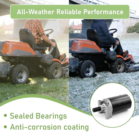Beefed Up Replacement Starter For 20-27HP Engines In 7000 Series KT715 KT745 with 9 teeth gear shown by lawn tractor and starter.