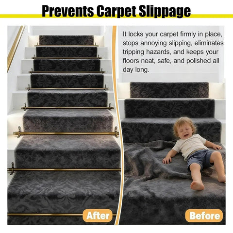 Antique Brass Stair Carpet Runner Holder Kit With Multiple Lengths From 50 To 28 Inches, No Fuss Install Brackets For Home And Commercial Staircases, Durable Hardware To Secure Runners And Prevent Slips, Safe For Kids And Pets showing before and after secure carpet.