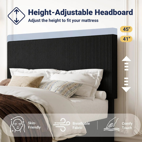 Ultra Legit Comfy Queen Bed Frame With Adjustable Corduroy Headboard And Sleek Black Platform Design For Your Bedroom Glow Up Easy Peasy Setup Solid Build Quality showing height-adjustable corduroy headboard