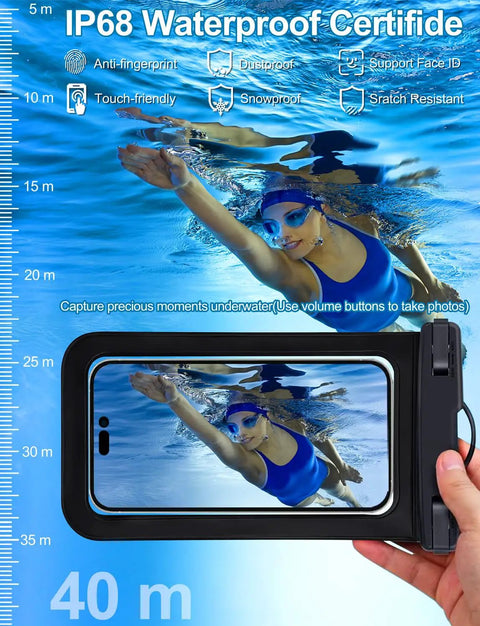Two Pack Waterproof Phone Pouch Case Black And White IP68 Dry Bag For Smartphones Up To 8.3 Inches Includes Lanyard in water