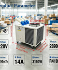 Heavy Duty 220V Portable Industrial Spot Cooler with dimensions and specifications for warehouses and workshops.