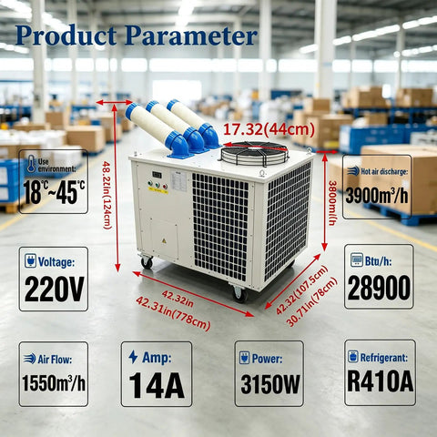 Heavy Duty 220V Portable Industrial Spot Cooler with dimensions and specifications for warehouses and workshops.