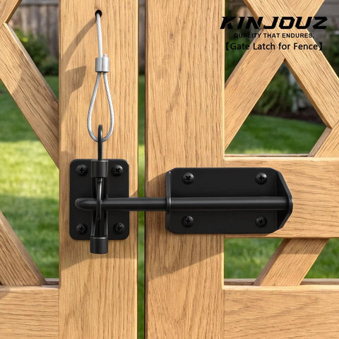 Tough As Nails Heavy Duty Gate Latch With Cable Pull For Wooden Fence, black powder coat finish on wooden gate.