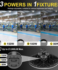 LED High Bay Light 150W 100W 80W Dimmable 0-10V 22500LM IP65 Low Bay Shop Fixture for warehouse and garage installation.