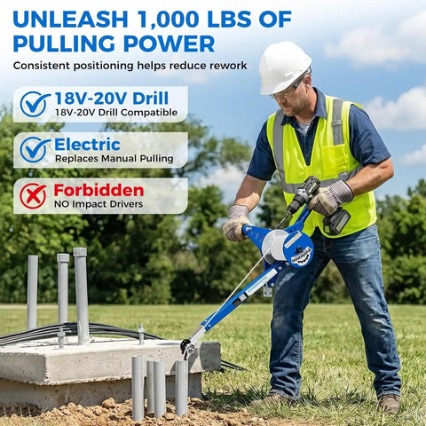 Heavy Duty Handheld Cable Puller And Drill Powered Wire Tugger delivering one thousand pounds of force in use outdoors.