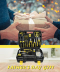 Gift-wrapped box above 185 Piece Tool Set With General Household Hand Tool Kit And Toolbox Storage Case for home repair.