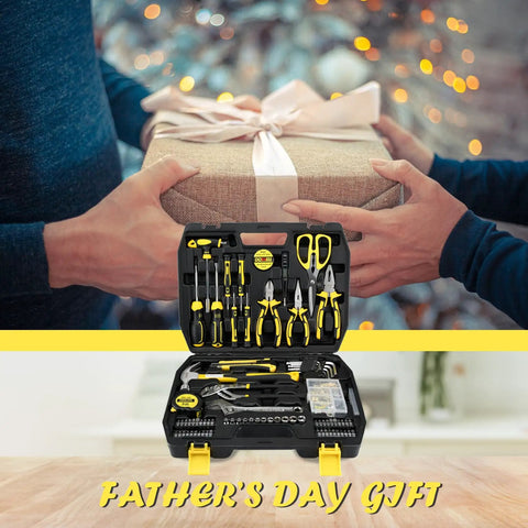 Gift-wrapped box above 185 Piece Tool Set With General Household Hand Tool Kit And Toolbox Storage Case for home repair.