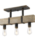Garrett Rustic Semi Flush Mount Light In Antique Black Iron Finish With Real Wood Accent, three-bulb farmhouse ceiling fixture.