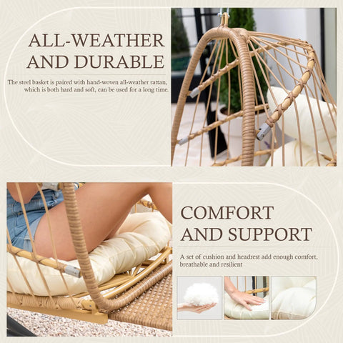 Details of beige wicker rattan and cushion of Hanging Egg Chair With Stand And Footrest For Indoor Outdoor Use, foldable design