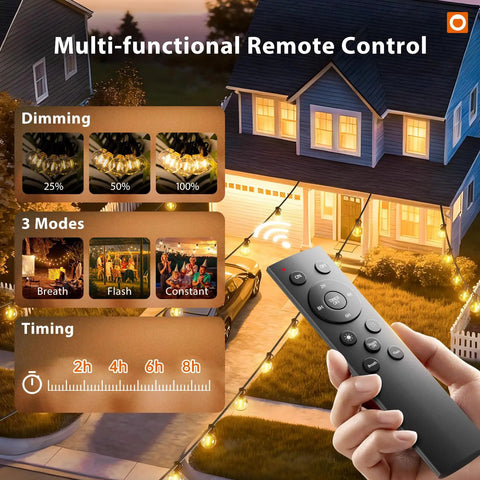 Hand holding remote for 100Ft Outdoor String Lights G40 With Remote 54 LED Shatterproof Bulbs with dimming and timing options