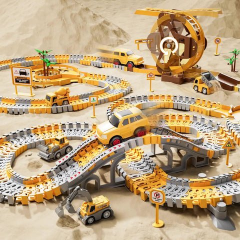 Awesome Construction Race Track Playset With 299 Pieces Of Flexible Track System Includes Race Cars Mini Trucks A Bridge