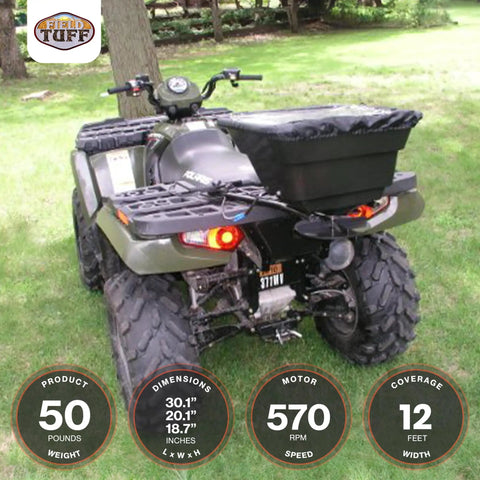 ATV with Hitch Mount Grass Seed Spreader With Rain Protector For ATV UTV Or Utility Tractor 12 Foot Broadcast Width 12 Volt Electric Spreader