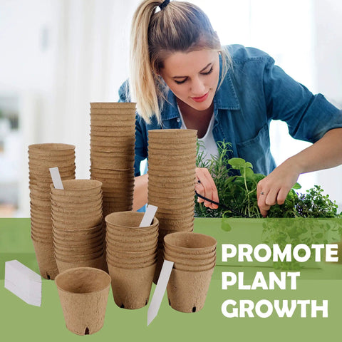 Woman using Seed Starter Tray Kit with 100 biodegradable peat pots and 100 plant labels for seedlings, easy garden start.