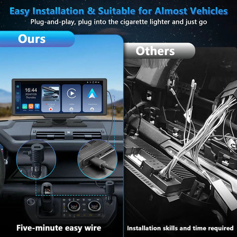 Comparison of installation for Wireless CarPlay Dash Cam Tablet 10.26 Inch With 4K Front Cam and 1080P Rear View Backup Cam, showing easy wiring.