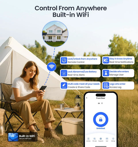 Woman using phone to control Direct WiFi Built In Smart Lock With Handles No Hub Required Fingerprint Keyless Entry App Remote And Voice Control Electronic Front Door Deadbolt Touchscreen Keypad Auto Lock Matte Black Finish from tent.