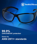 Top Shelf 12 Pack Anti Fog Safety Glasses With Clear Lens And Black Frame, side view, lightweight unisex eye protection.