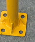 Dead Easy Osha Compliant Industrial Safety Railing With Vivid Yellow Finish And One Piece Welded Base Plates For Quick Plug And Play Surface Mounting base plate detail showing welded construction and mounting holes.