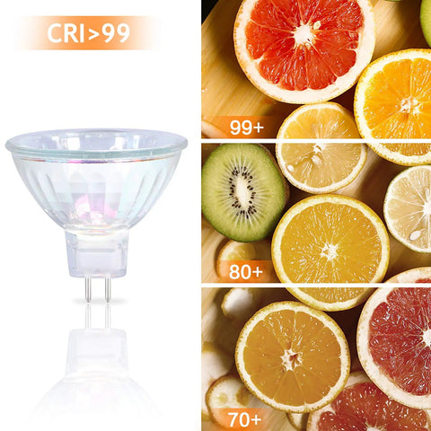 MR16 50W 12V Halogen Light Bulb With GU5.3 Base, 720 Lumens, Dimmable Spotlight For Track Lighting next to fruit slices showing CRI levels