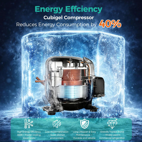 Heavy Duty Commercial Reach In Freezer 49 Cu Ft Built Solid For Bulk Grocery Stash Pro Kitchens Run Cool All Day With Digital Controls And Reliable Fan Powered Temperature Management showing Cubigel compressor for energy efficiency.