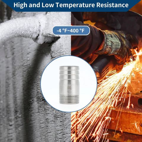 304 stainless hose barb fittings with high temperature resistance, shown with ice and sparks, suitable for diverse plumbing projects.