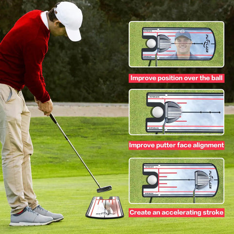 Golfer using Golf Putting Mirror With Six Tees Training Aid For Practice And Perfection, quick feedback for alignment.