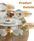 Top Tier 59 Inch Round Sintered Stone Dining Table With Faux Marble Top Easy Spin Lazy Susan features rounded edges and gold stainless steel base.