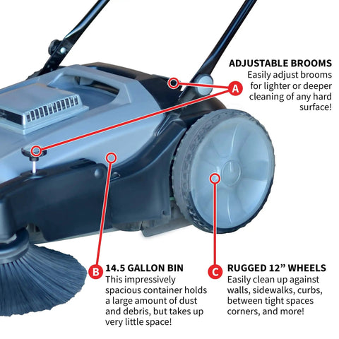 Heavy Duty Thirty Eight Inch Walk Behind Push Sweeper With Triple Side Brooms, 14.5 gallon bin and adjustable brooms for indoor outdoor use.