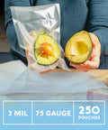 Chamber Vacuum Sealer Bags Heavy Duty BPA Free Pre Cut Pouches with avocado, 250 pack, for food preservation and freezer storage