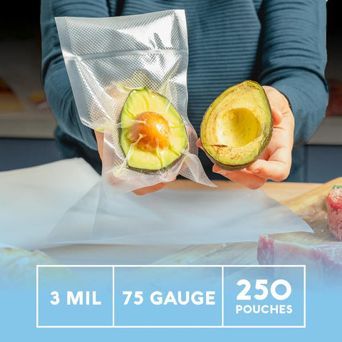 Chamber Vacuum Sealer Bags Heavy Duty BPA Free Pre Cut Pouches with avocado, 250 pack, for food preservation and freezer storage