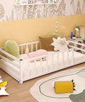 Toddler Floor Bed With Rails And Door, Montessori Low Profile Metal Platform Bed For 2 To 5 Years Old in a nursery