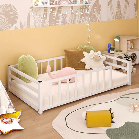 Toddler Floor Bed With Rails And Door, Montessori Low Profile Metal Platform Bed For 2 To 5 Years Old in a nursery