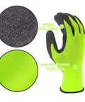 Crinkle Latex Coated Safety Work Gloves For Men And Women Unisex Multi Use Grippy Gloves For Construction Warehouse Gardening Landscaping Assembly All Day Comfort Breathable Knit Liner Large Green 12 Pairs, highlighting crinkle latex texture and seamless polyester liner.