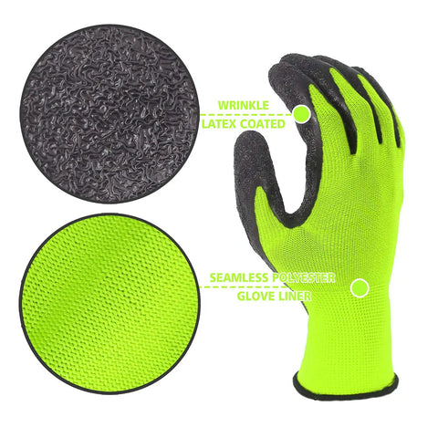 Crinkle Latex Coated Safety Work Gloves For Men And Women Unisex Multi Use Grippy Gloves For Construction Warehouse Gardening Landscaping Assembly All Day Comfort Breathable Knit Liner Large Green 12 Pairs, highlighting crinkle latex texture and seamless polyester liner.