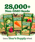 Image showing seed packets of various vegetables, part of Survival Seed Vault With 55 Heirloom Varieties And 28000 Seeds Non GMO For Year Round Gardening Easy Germination Emergency Food Supply And A Family Friendly Garden Starter Kit For Home Growers And Greenhouse Enthusiasts.