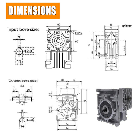 RV030 Worm Gearbox Square Type Reducer 30 to 1 For NEMA23 Stepper Or Servo Motors, dimensions and specifications, aluminum housing