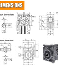 Technical diagram and 3D view of NMRV030 Worm Gearbox 25 To 1 Square Type Reducer For Nema23 Stepper And Servo Motors